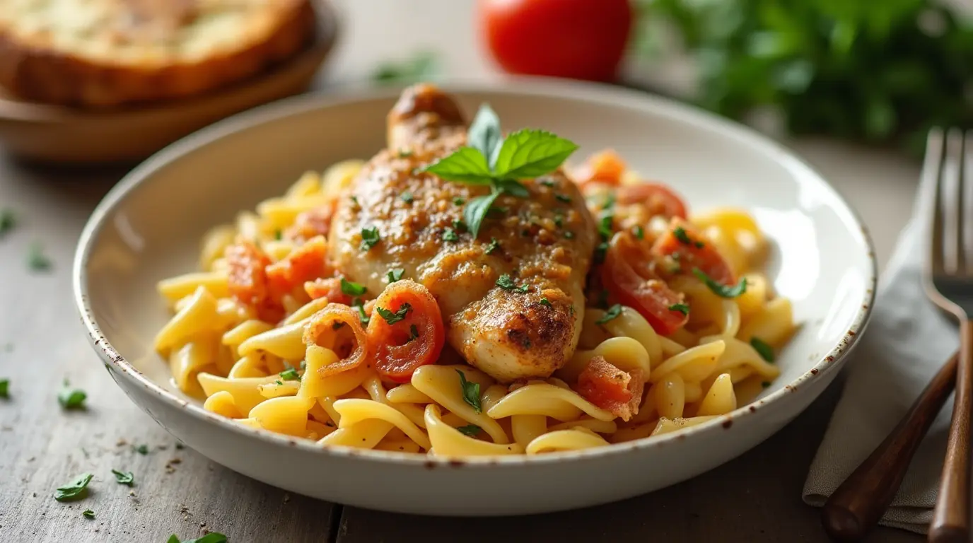 A creamy bowl of "Marry Me Chicken Pasta," featuring tender chicken breasts coated in a rich, sun-dried tomato and Parmesan cream sauce, served over fettuccine and garnished with fresh basil leaves.