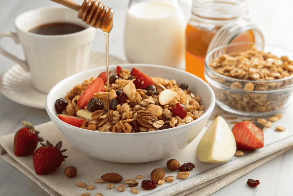 A glass jar filled with golden, crunchy vanilla nut granola surrounded by scattered nuts, oats, and a vanilla bean, with a wooden spoon resting nearby.vanilla nut granola recipe​