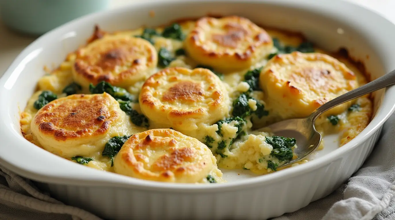 A baked spinach and feta English muffin breakfast casserole served in a rectangular dish, featuring golden-brown edges, fluffy eggs, vibrant green spinach, and crumbles of white feta cheese, with a serving spoon on the side.