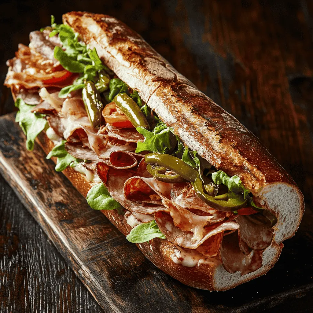 Torpedo sandwich on wooden board with Italian meats and toppings