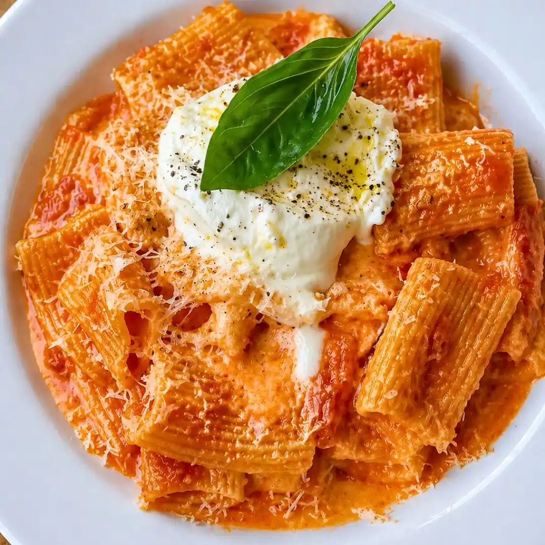 Roasted Red Pepper Rigatoni with Burrata