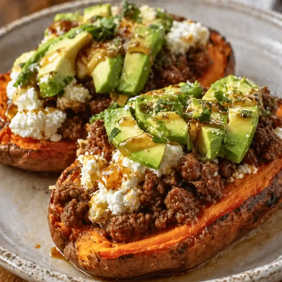 Hot Honey Beef & Cottage Sweet Potato Boats