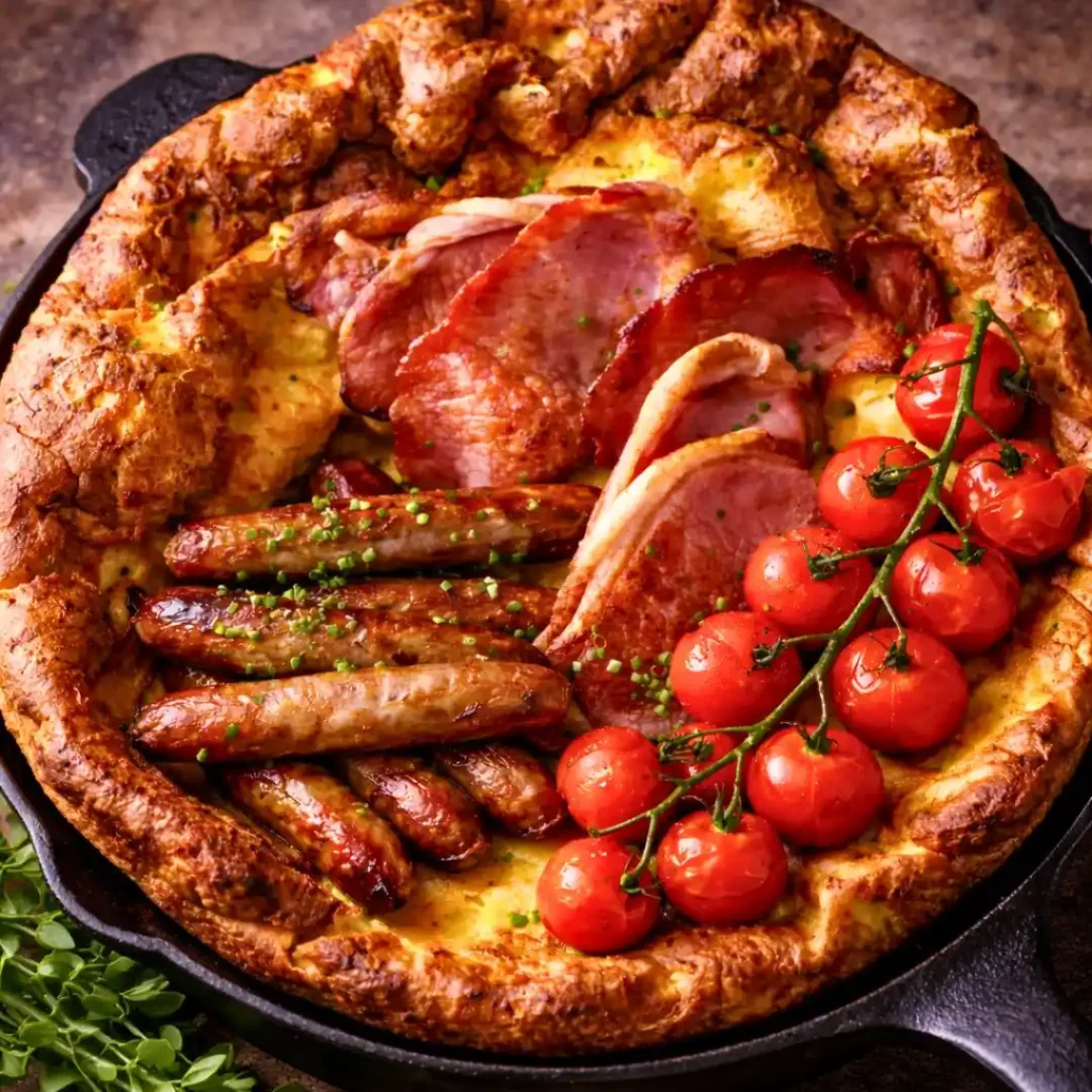 Savoury Dutch Baby with Tomatoes, Sausages, and turkey Bacon