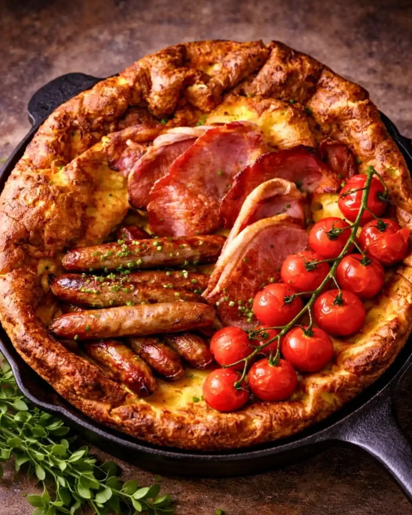 Savoury Dutch Baby with Tomatoes, Sausages, and turkey Bacon