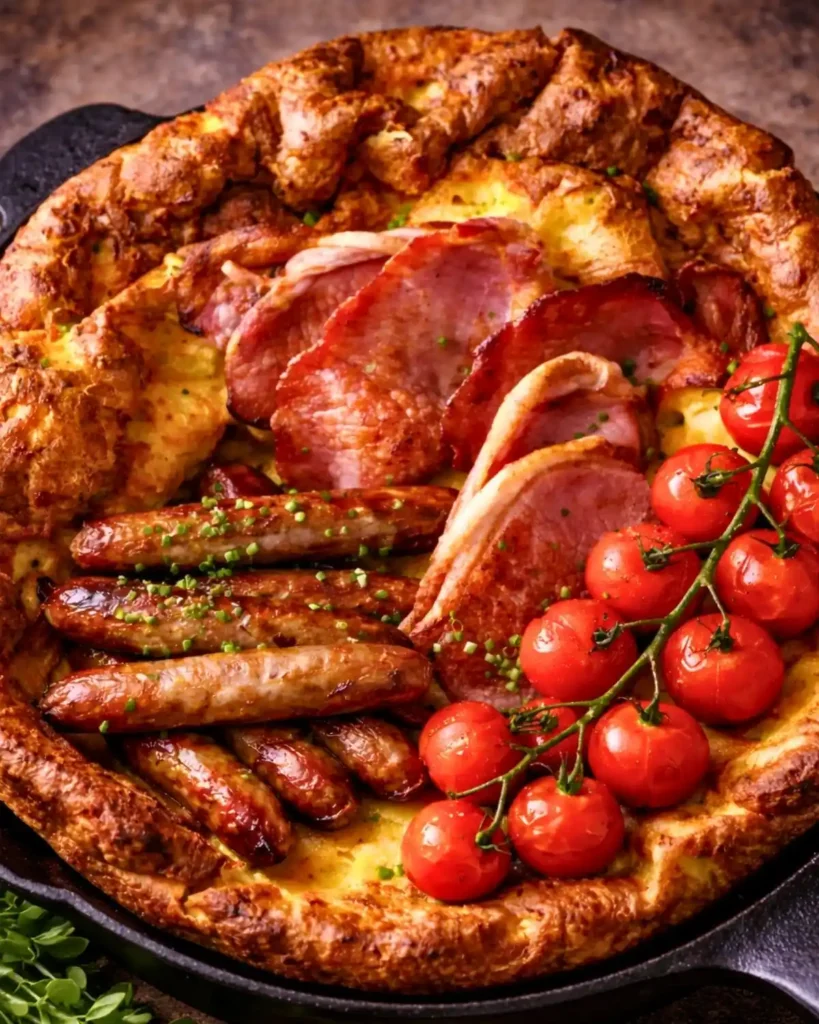 Savoury Dutch Baby with Tomatoes, Sausages, and turkey Bacon