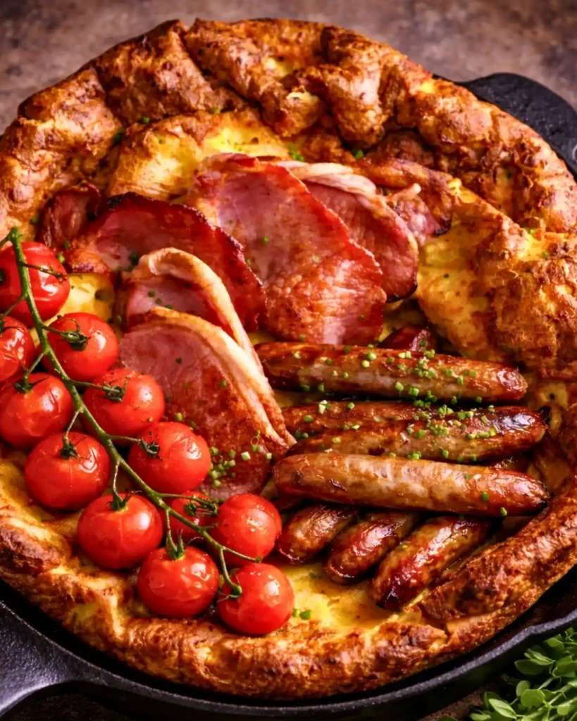 Savoury Dutch Baby with Tomatoes, Sausages, and turkey Bacon