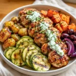 Healthy Greek Chicken Bowl with Easy Creamy Tzatziki and Roasted Veggies