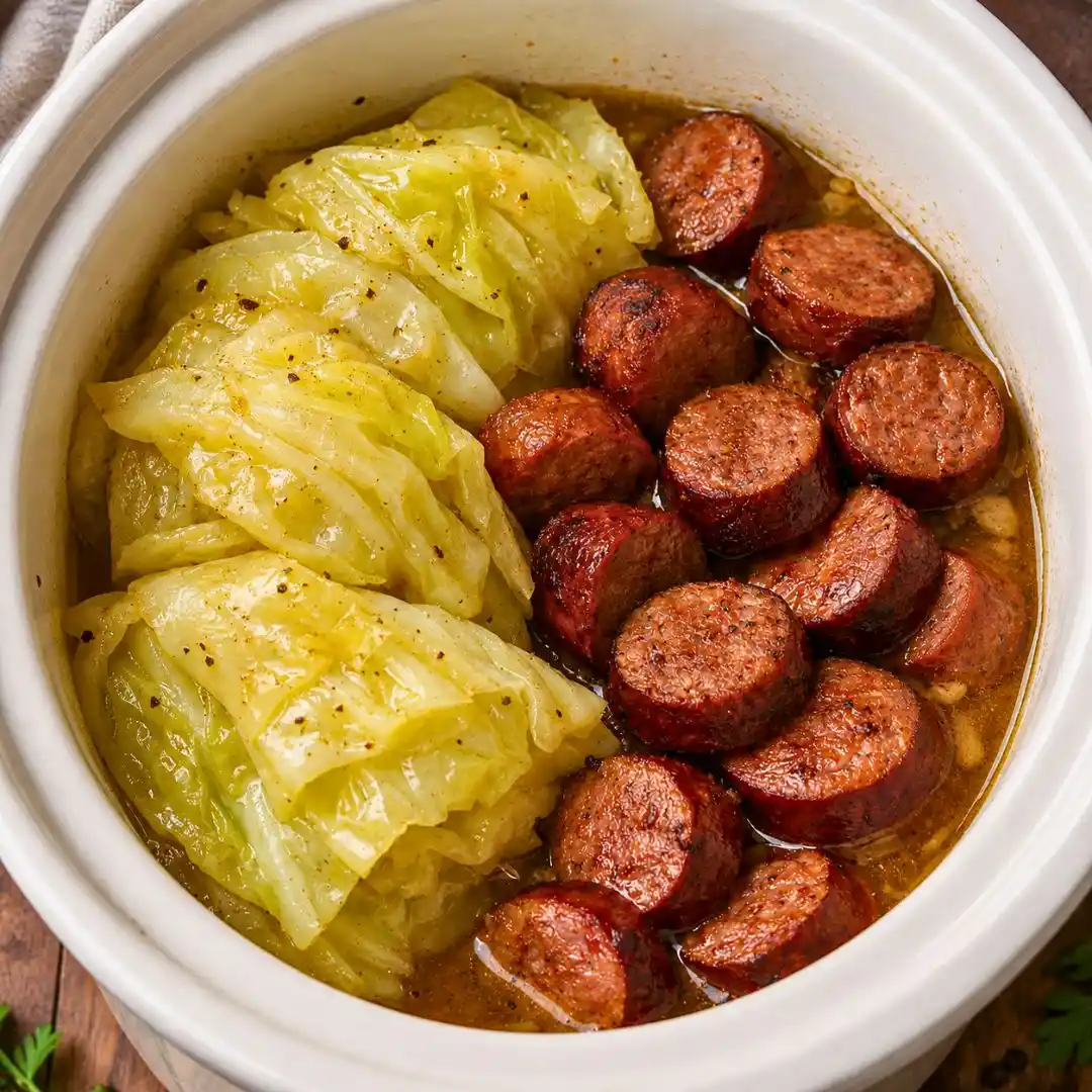 Lazy Slow Cooker Cabbage and Sausage (Only 4 Ingredients!)