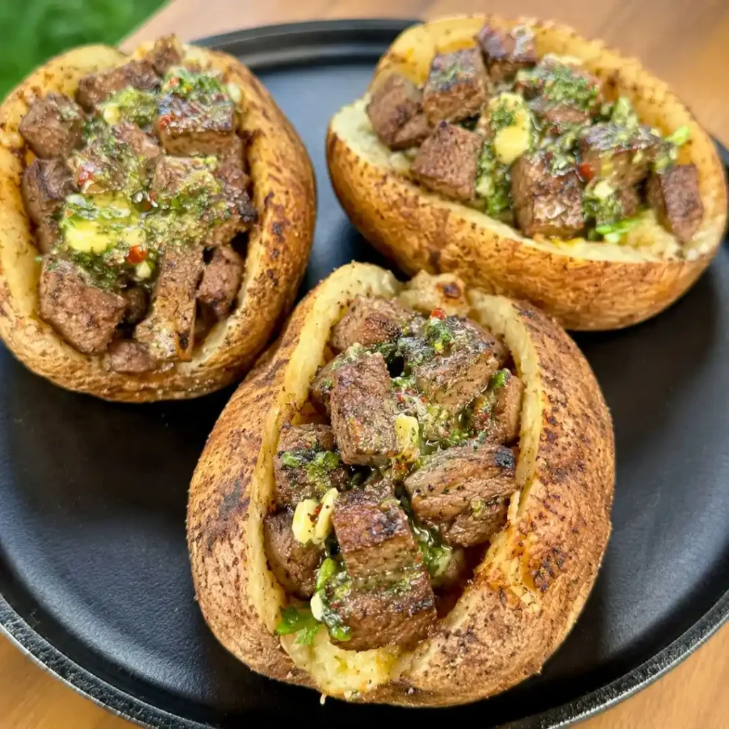 Grilled Steak Bite Loaded Baked Potatoes with Garlic Herb Butter