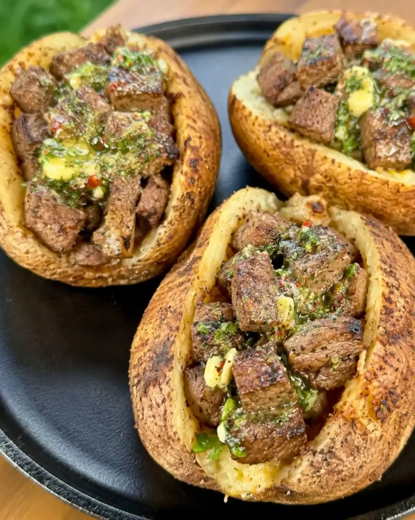 Grilled Steak Bite Loaded Baked Potatoes with Garlic Herb Butter