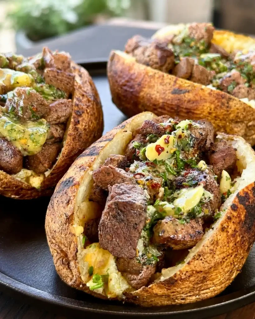 Grilled Steak Bite Loaded Baked Potatoes with Garlic Herb Butter