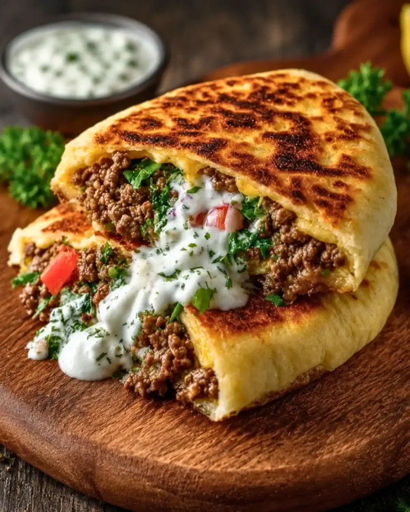 Greek Beef Stuffed Pita with Lemon Garlic