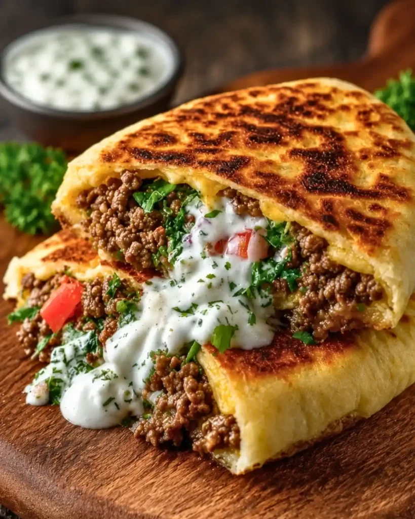 Greek Beef Stuffed Pita with Lemon Garlic
