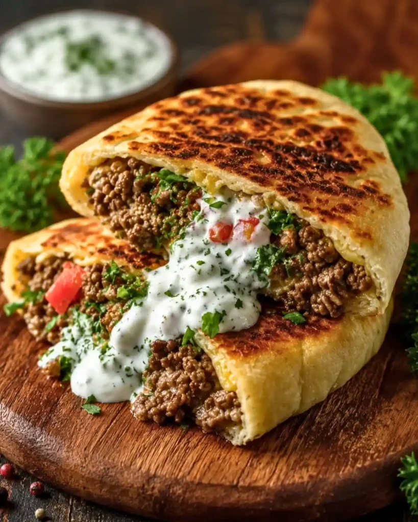 Greek Beef Stuffed Pita with Lemon Garlic
