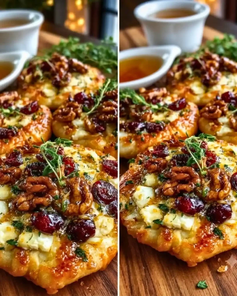 Mini Pizza with Brie, Cranberries & Toasted Walnuts with a Hot Honey Drizzle