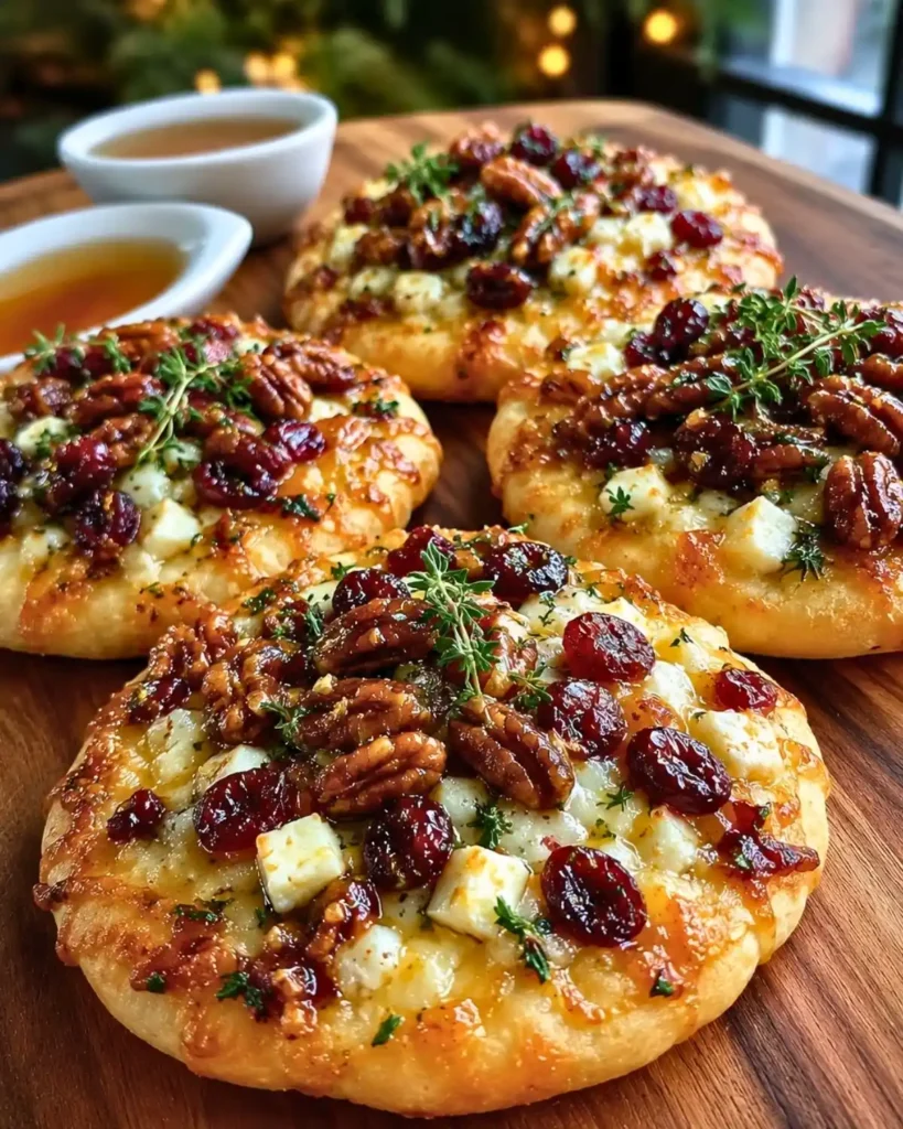Mini Pizza with Brie, Cranberries & Toasted Walnuts with a Hot Honey Drizzle
