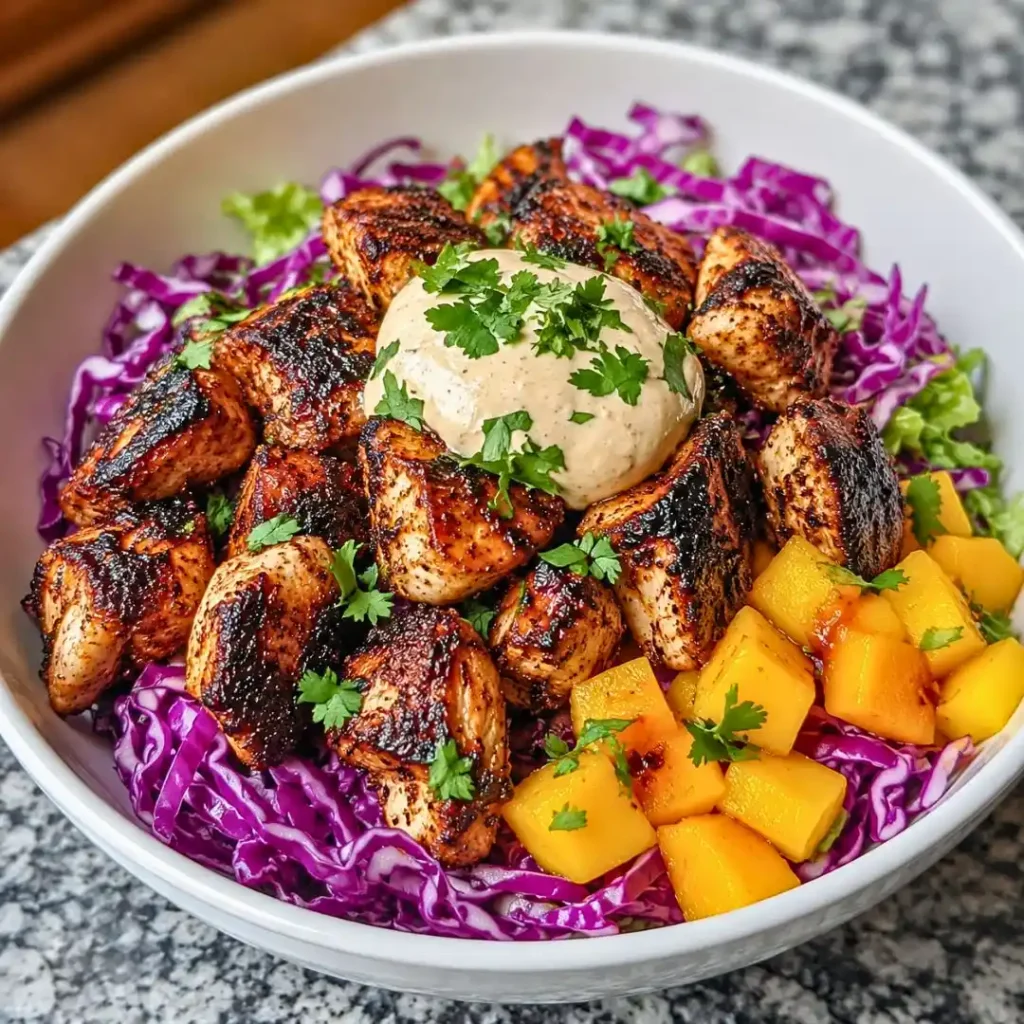 Jerk Chicken Bowls with Mango Slaw and Honey Lime Crema
