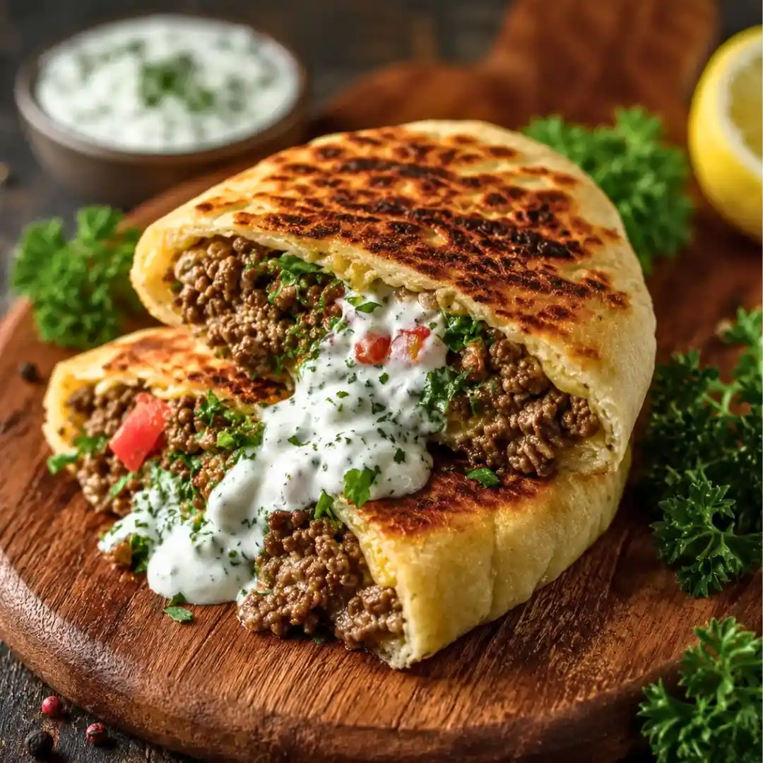 Greek Beef Stuffed Pita with Lemon Garlic