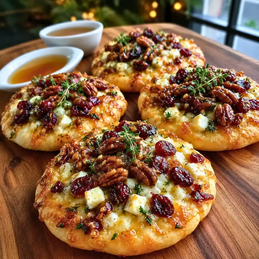 Mini Pizza with Brie, Cranberries & Toasted Walnuts with a Hot Honey Drizzle