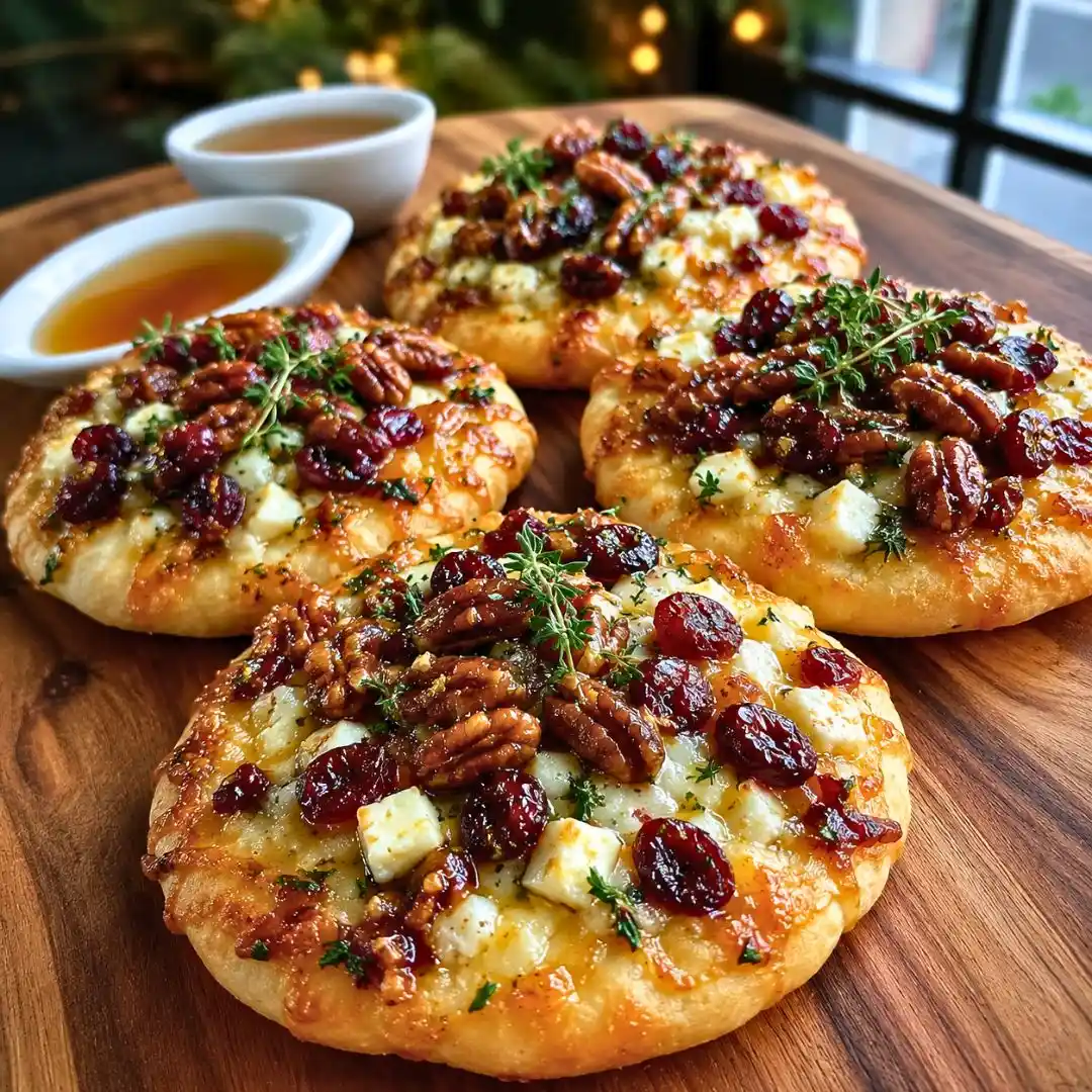 Mini Pizza with Brie, Cranberries & Toasted Walnuts with a Hot Honey Drizzle