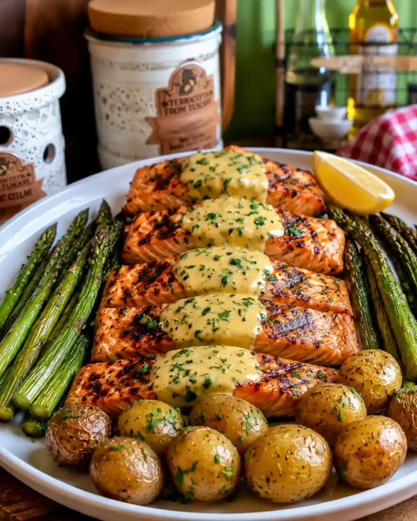 Ultimate Grilled Salmon with Creamy Hollandaise, Roasted Baby Potatoes & Asparagus