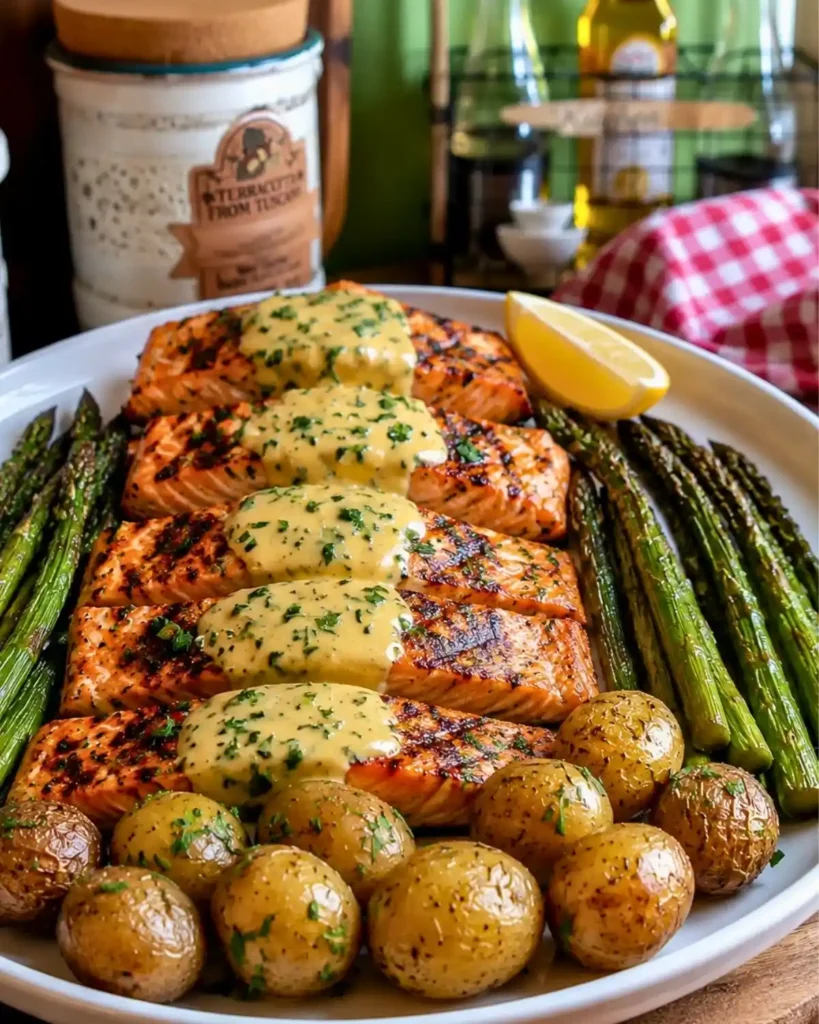 Ultimate Grilled Salmon with Creamy Hollandaise, Roasted Baby Potatoes & Asparagus
