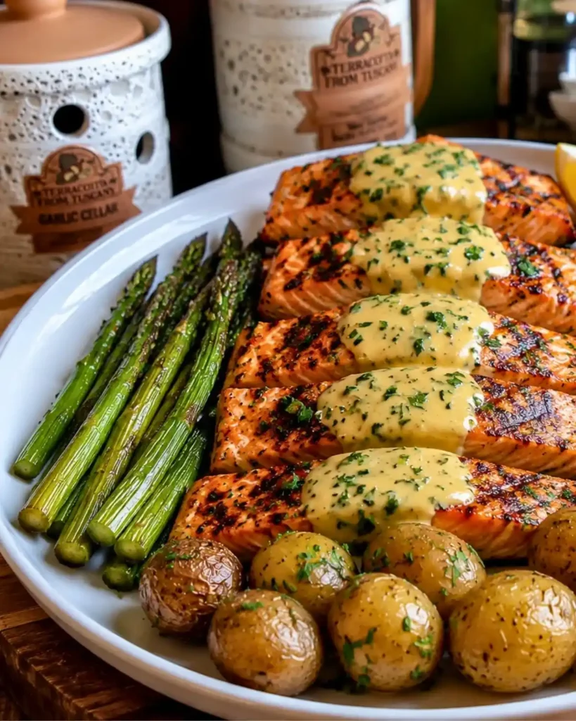 Ultimate Grilled Salmon with Creamy Hollandaise, Roasted Baby Potatoes & Asparagus