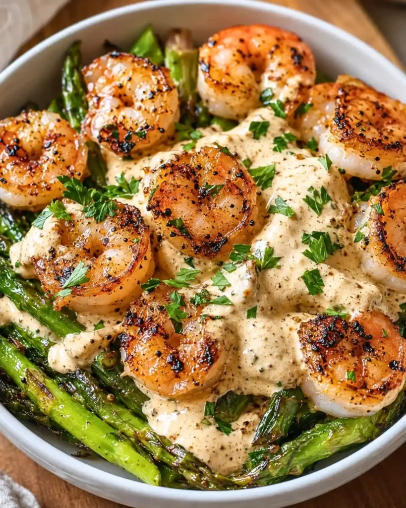 Grilled Shrimp Bowl with Asparagus & Creamy Garlic Sauce