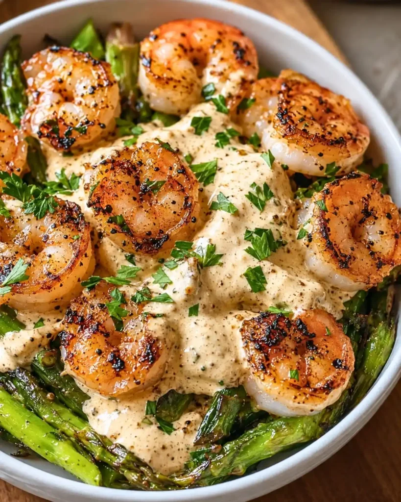 Grilled Shrimp Bowl with Asparagus & Creamy Garlic Sauce