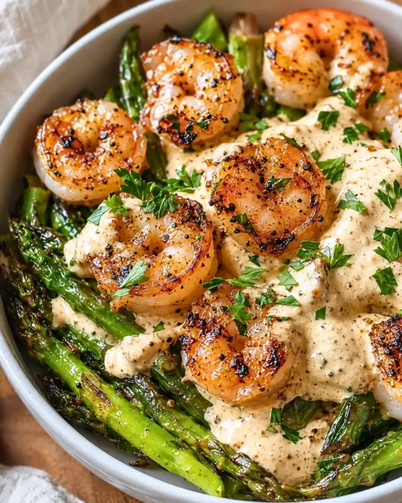 Grilled Shrimp Bowl with Asparagus & Creamy Garlic Sauce