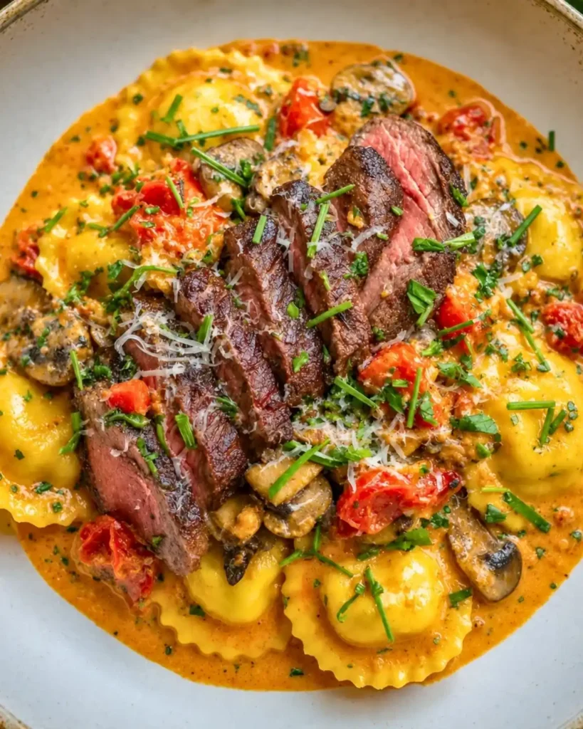 Steak and Ravioli with Creamy Garlic Herb Sauce