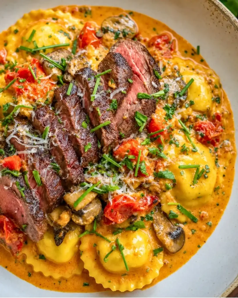Steak and Ravioli with Creamy Garlic Herb Sauce