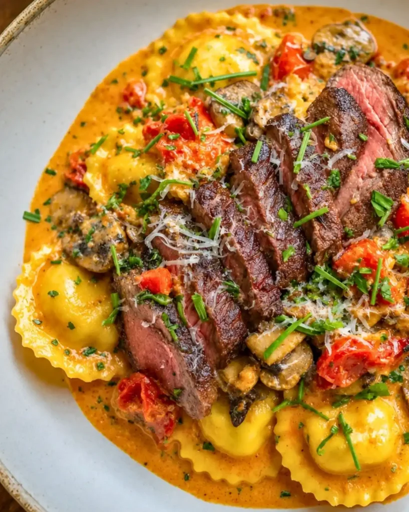 Steak and Ravioli with Creamy Garlic Herb Sauce