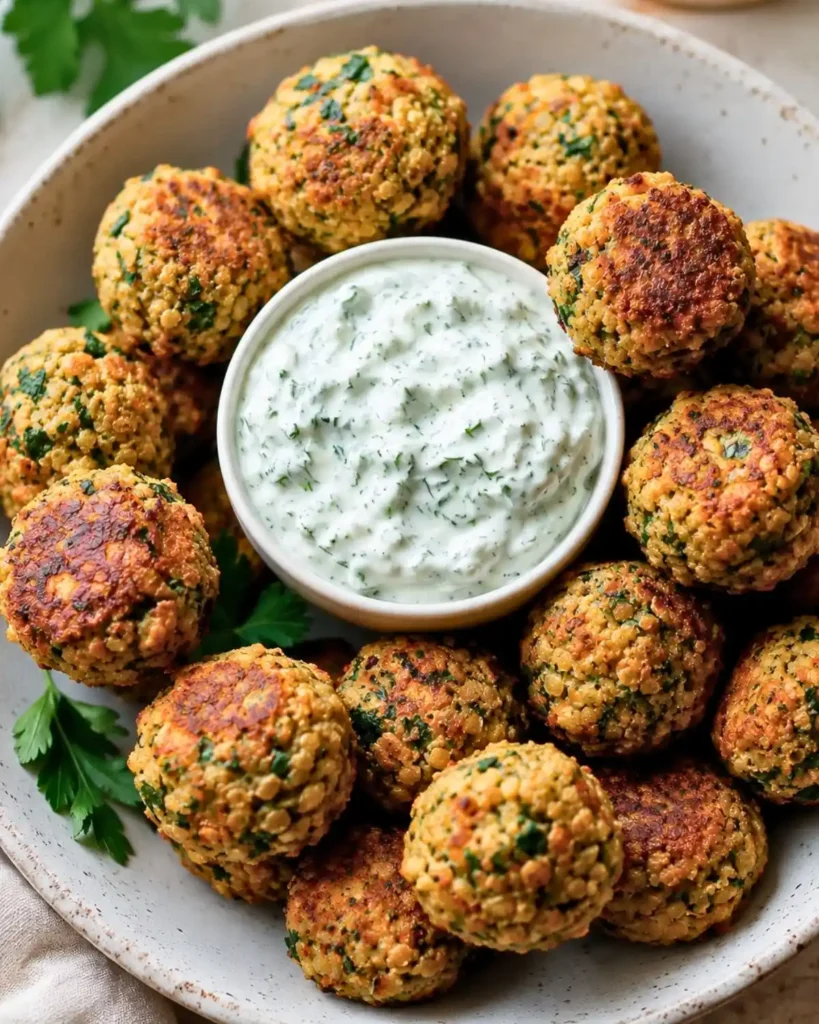 Baked Greek Lentil Meatballs with tzatziki