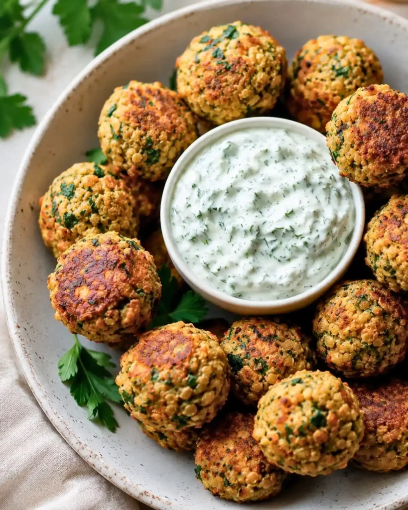 Baked Greek Lentil Meatballs with tzatziki