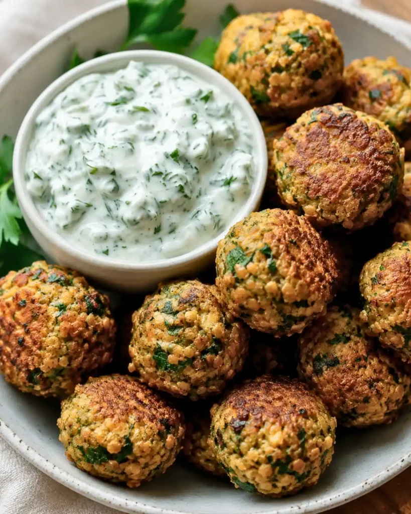 Baked Greek Lentil Meatballs with tzatziki