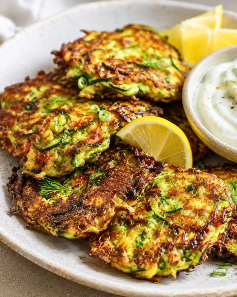 Crispy Zucchini Fritters with Lemon Yogurt for healthy light lunch