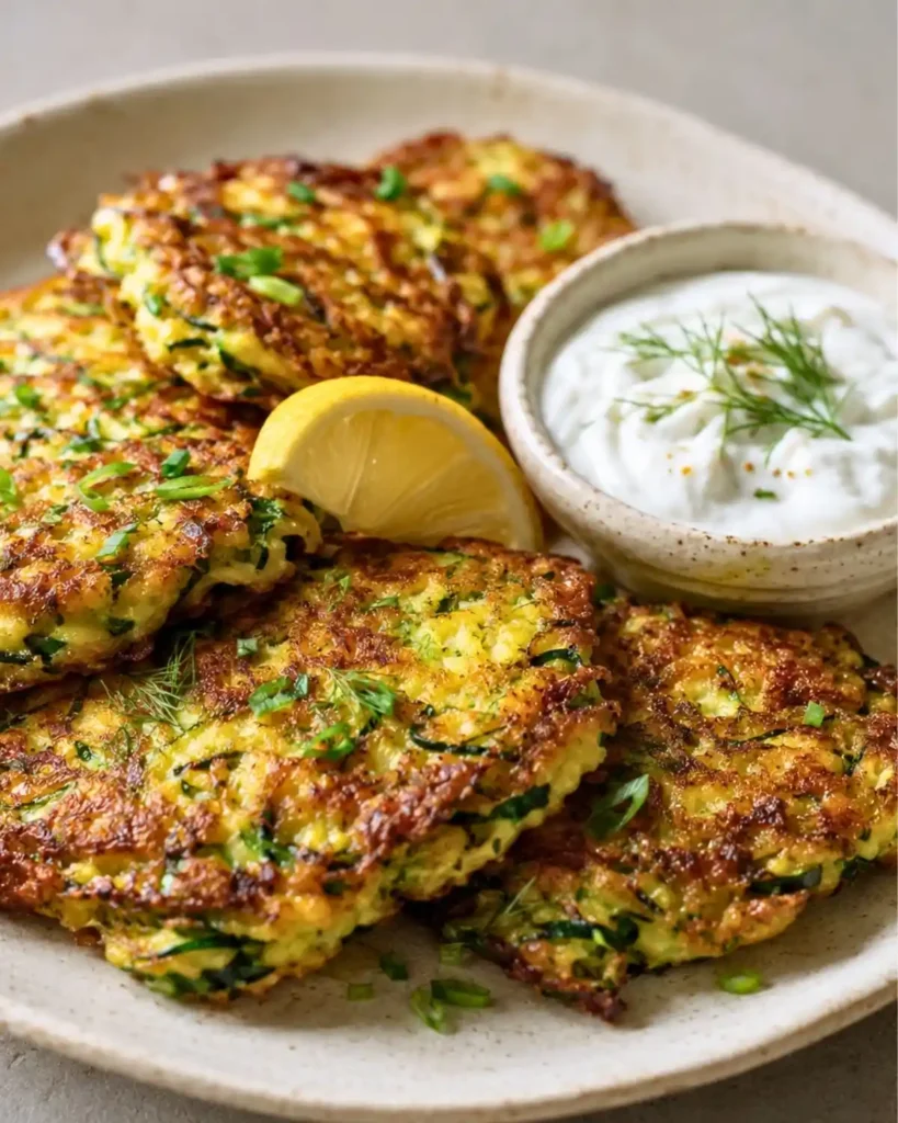 Crispy Zucchini Fritters with Lemon Yogurt for healthy light lunch