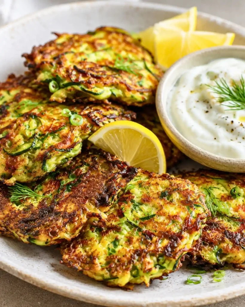 Crispy Zucchini Fritters with Lemon Yogurt for healthy light lunch