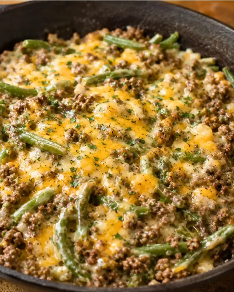 Hamburger Green Bean Casserole with Mushrooms