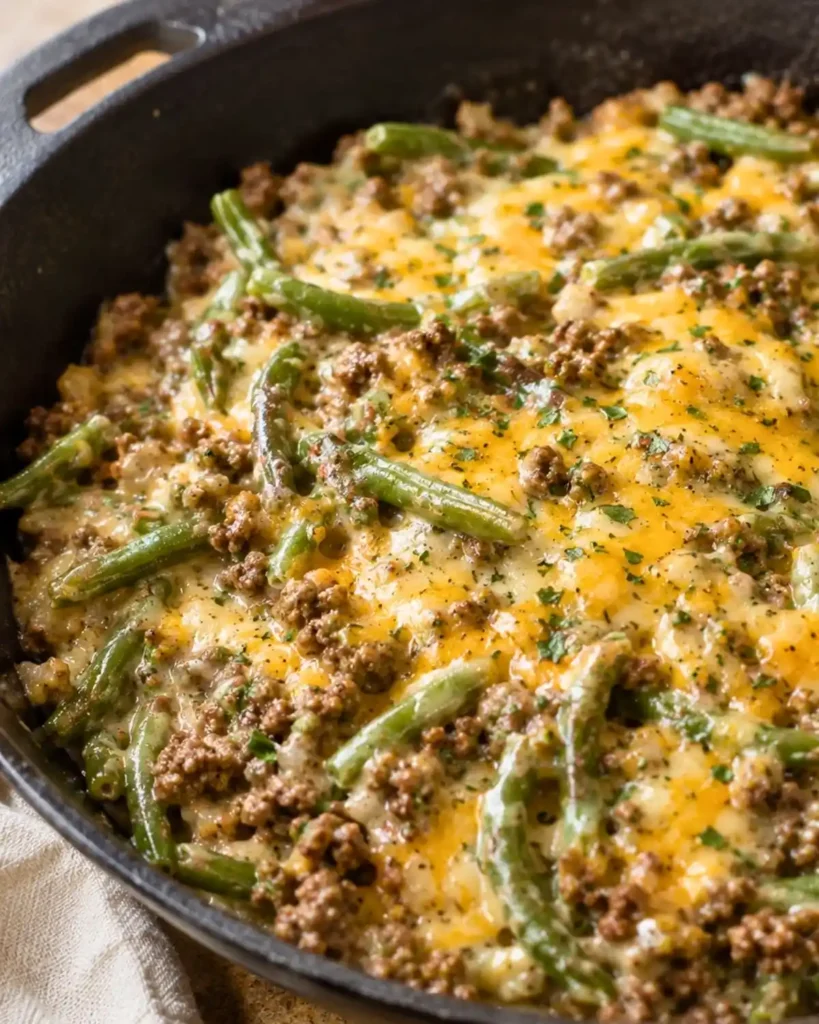 Hamburger Green Bean Casserole with Mushrooms
