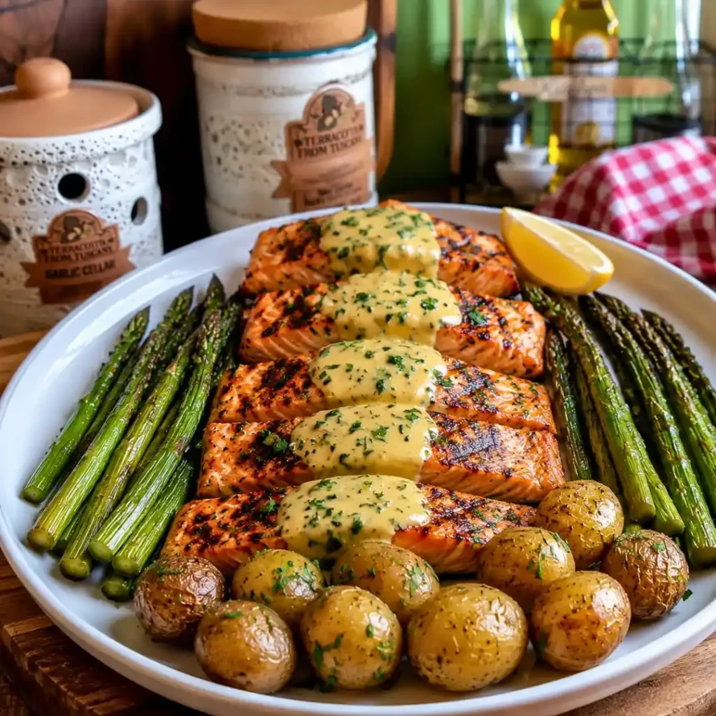 Ultimate Grilled Salmon with Creamy Hollandaise, Roasted Baby Potatoes & Asparagus