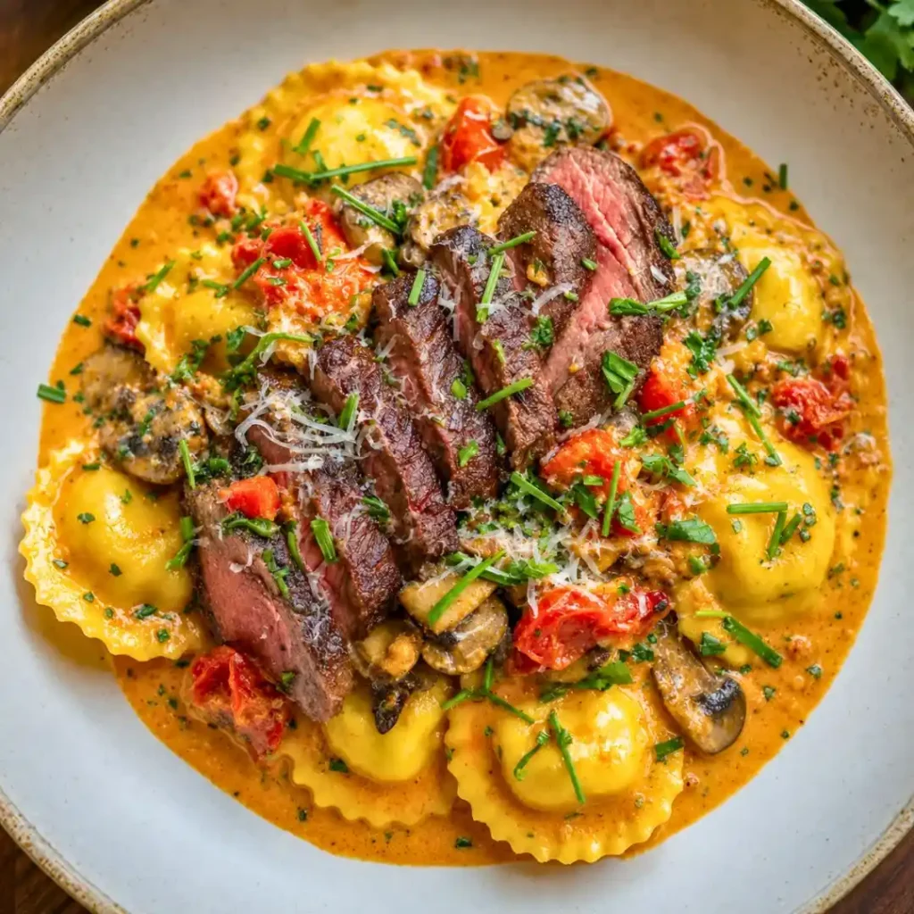 Steak and Ravioli with Creamy Garlic Herb Sauce