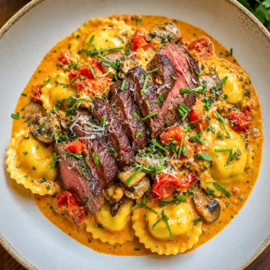 Steak and Ravioli with Creamy Garlic Herb Sauce