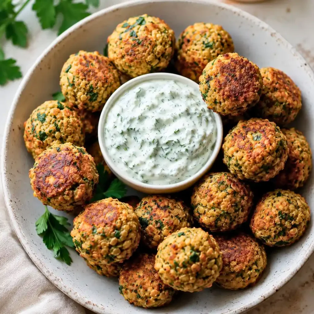 Baked Greek Lentil Meatballs with tzatziki